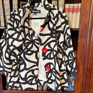 Painted pony Women's Black & White Patterned Coat with Red Buttons. Beautiful